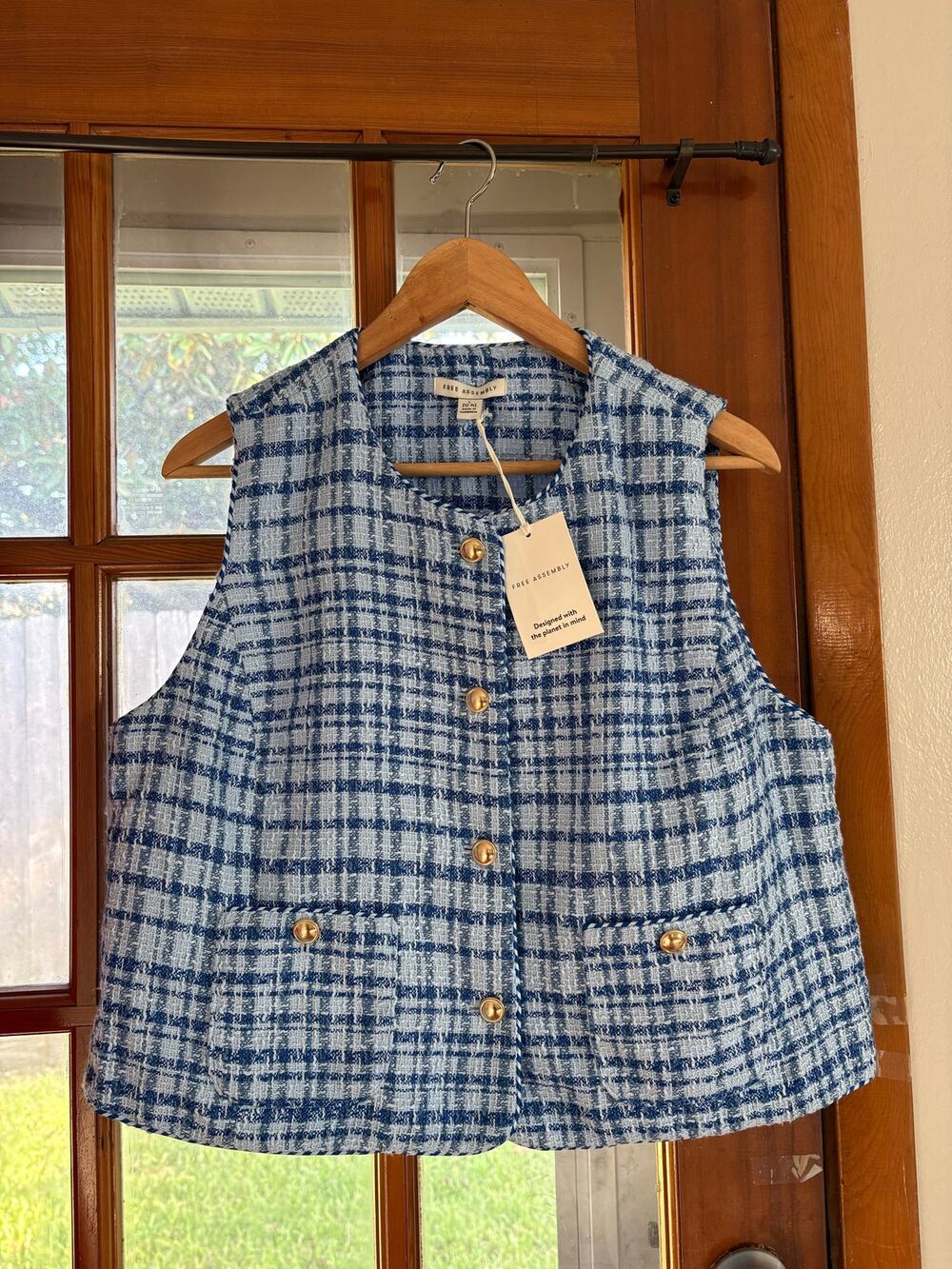 Free Assembly NWT Blue and White Tweed Plaid Preppy Old Money Feminine Vest